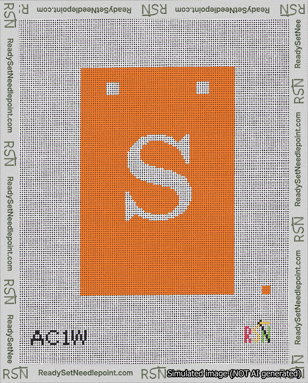 A taped needlepoint canvas with the design: Banner 18 mesh count Squared S White on Orange.