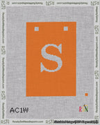 A taped needlepoint canvas with the design: Banner 18 mesh count Squared S White on Orange.
