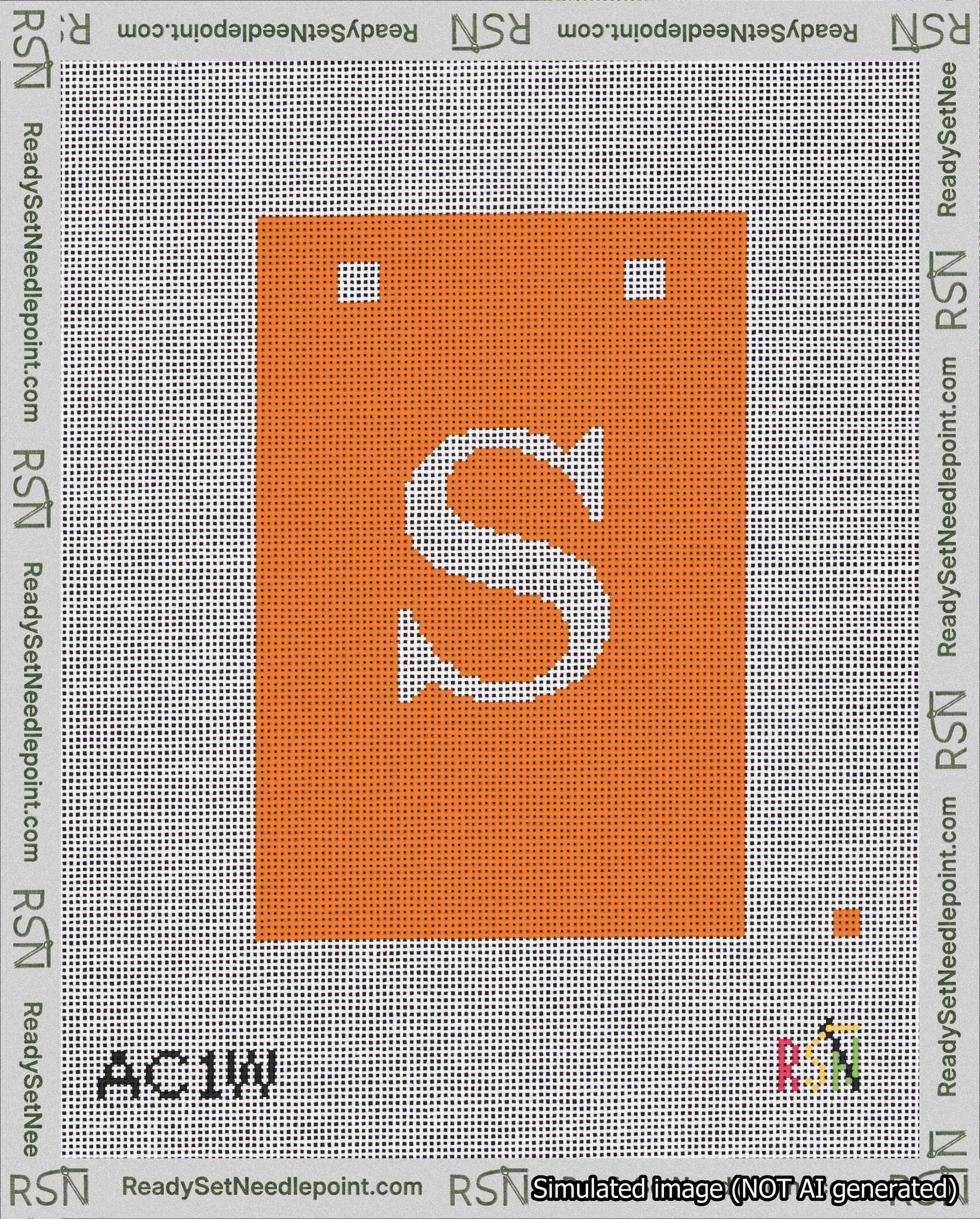 A taped needlepoint canvas with the design: Banner 18 mesh count Squared S White on Orange.