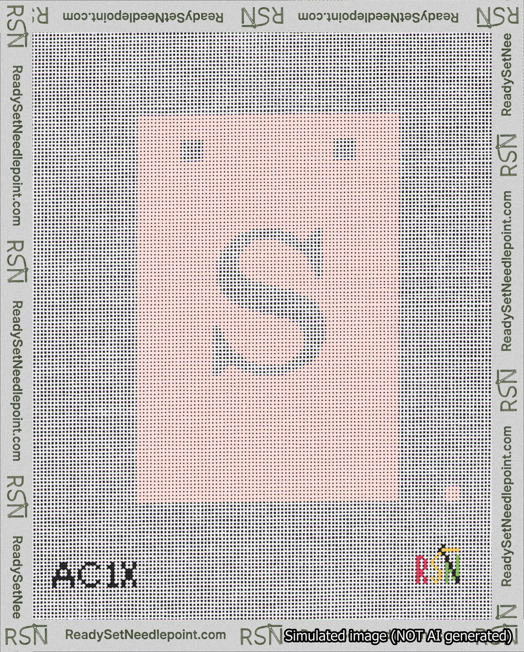 A taped needlepoint canvas with the design: Banner 18 mesh count Squared S White on Pink.