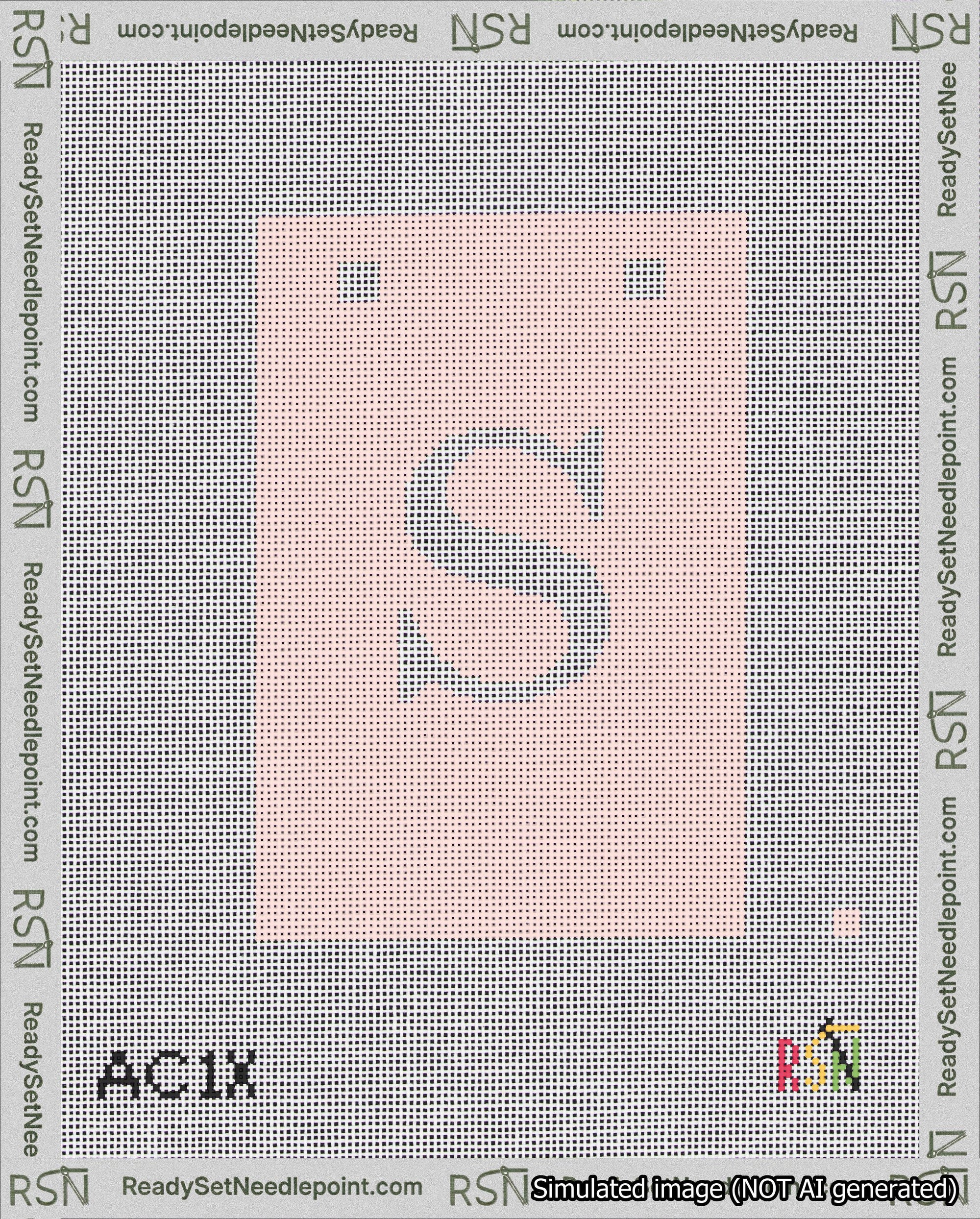 A taped needlepoint canvas with the design: Banner 18 mesh count Squared S White on Pink.