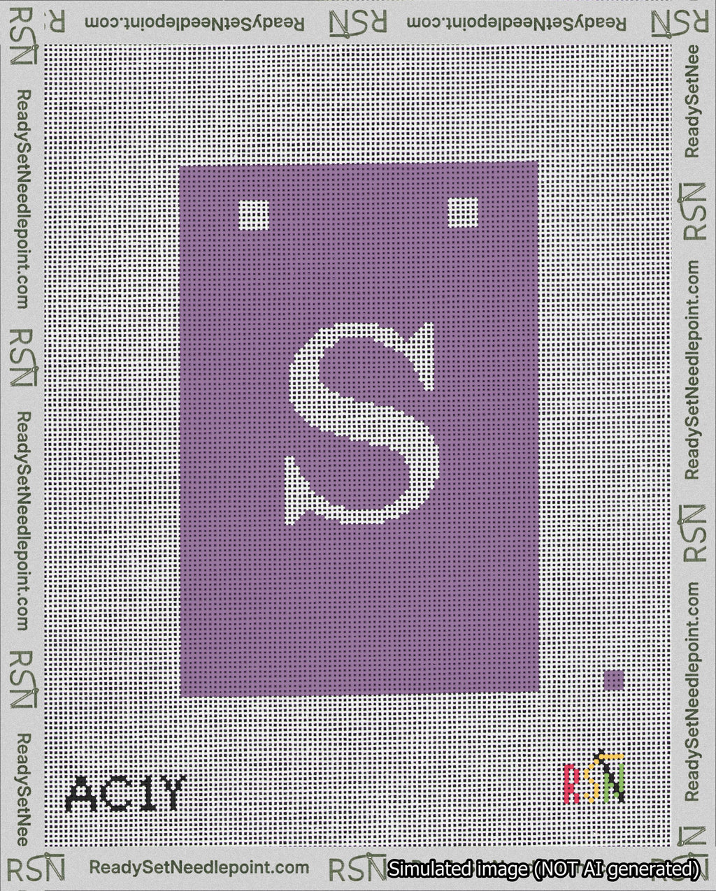 A taped needlepoint canvas with the design: Banner 18 mesh count Squared S White on Purple.