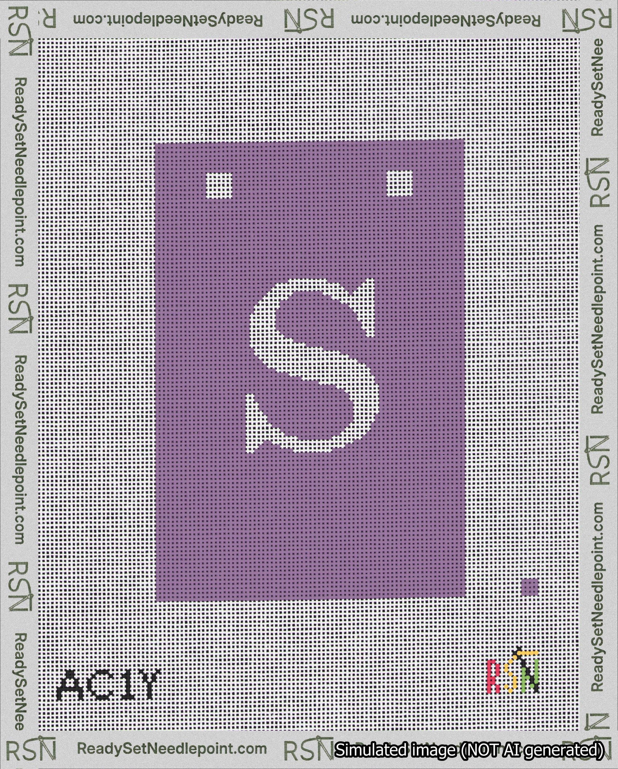 A taped needlepoint canvas with the design: Banner 18 mesh count Squared S White on Purple.