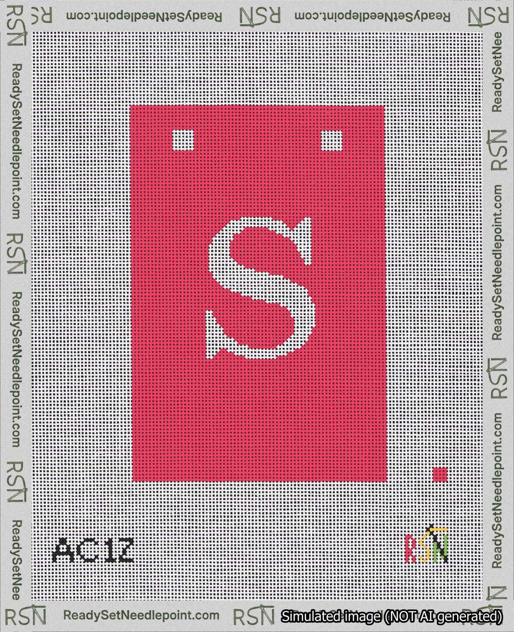 A taped needlepoint canvas with the design: Banner 18 mesh count Squared S White on Red.