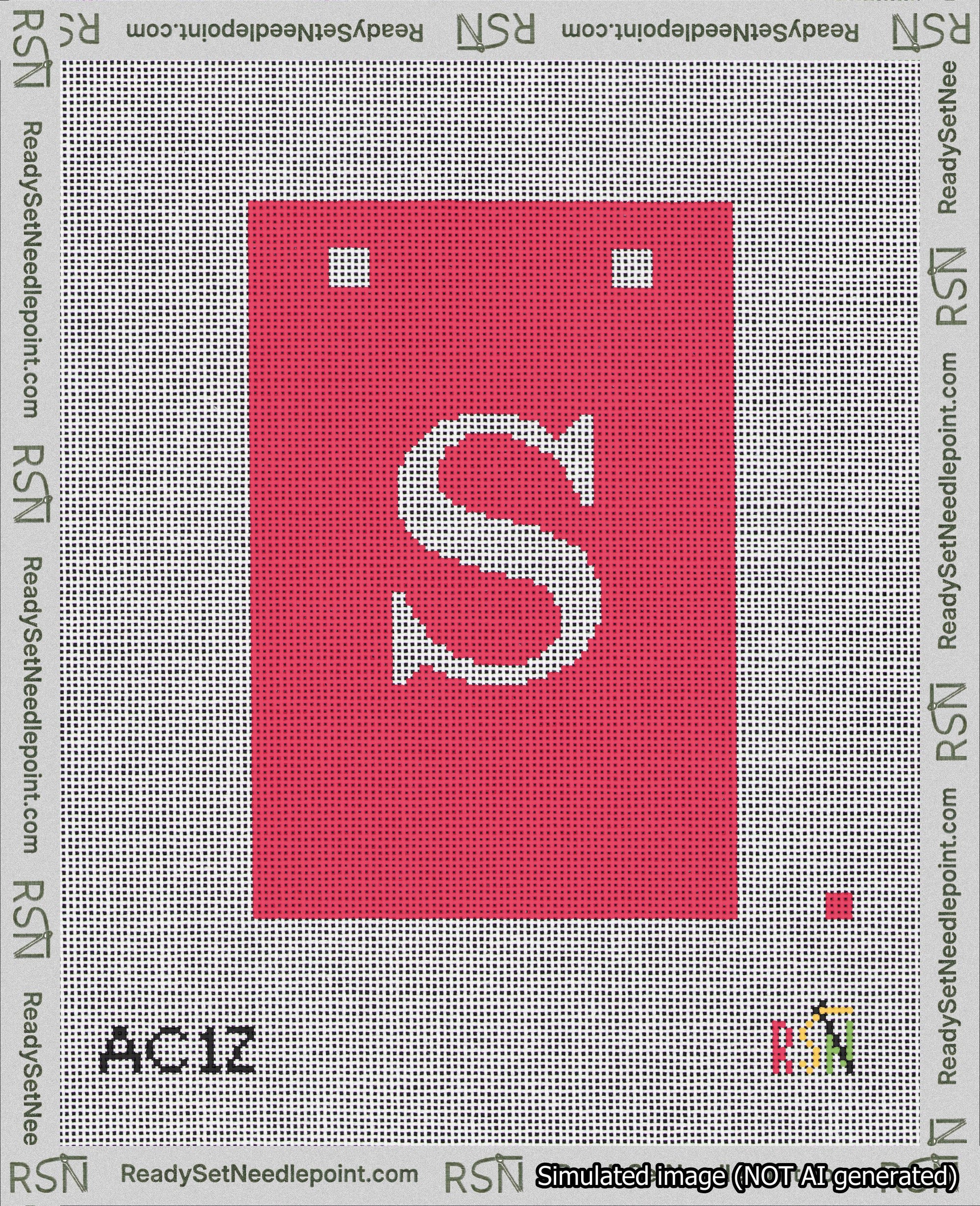 A taped needlepoint canvas with the design: Banner 18 mesh count Squared S White on Red.