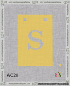 A taped needlepoint canvas with the design: Banner 18 mesh count Squared S White on Yellow.