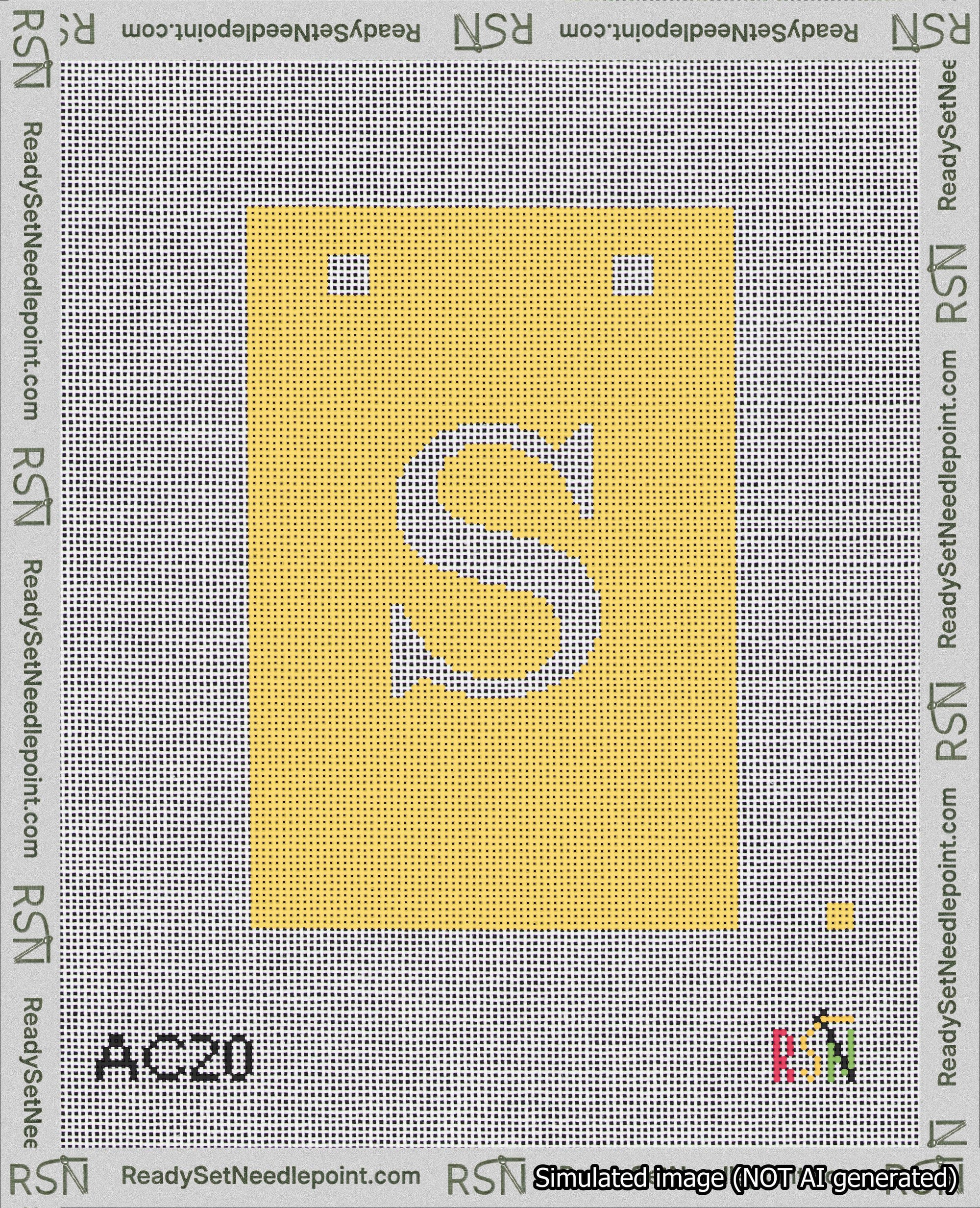 A taped needlepoint canvas with the design: Banner 18 mesh count Squared S White on Yellow.
