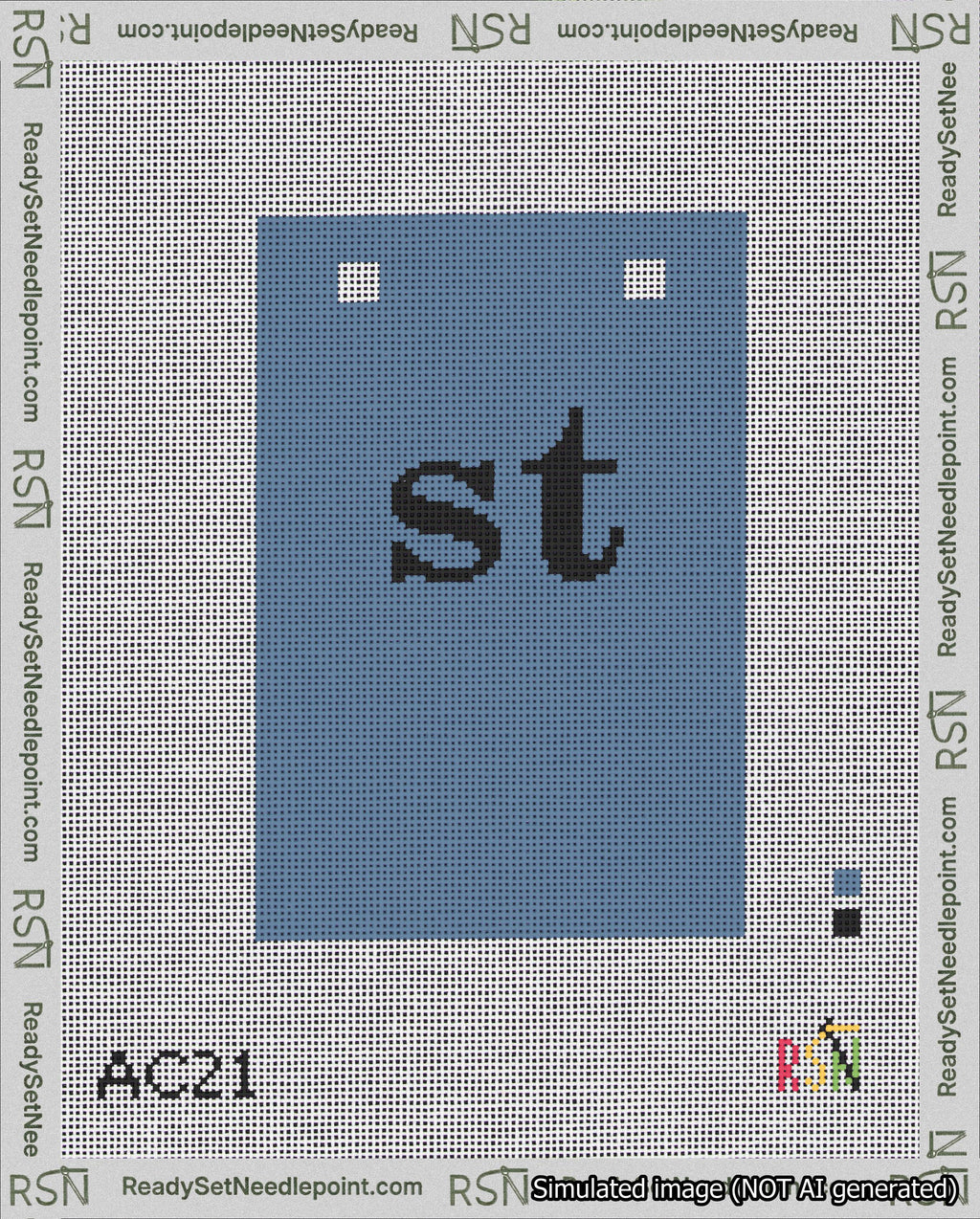 A taped needlepoint canvas with the design: Banner 18 mesh count Squared st Black on Blue.
