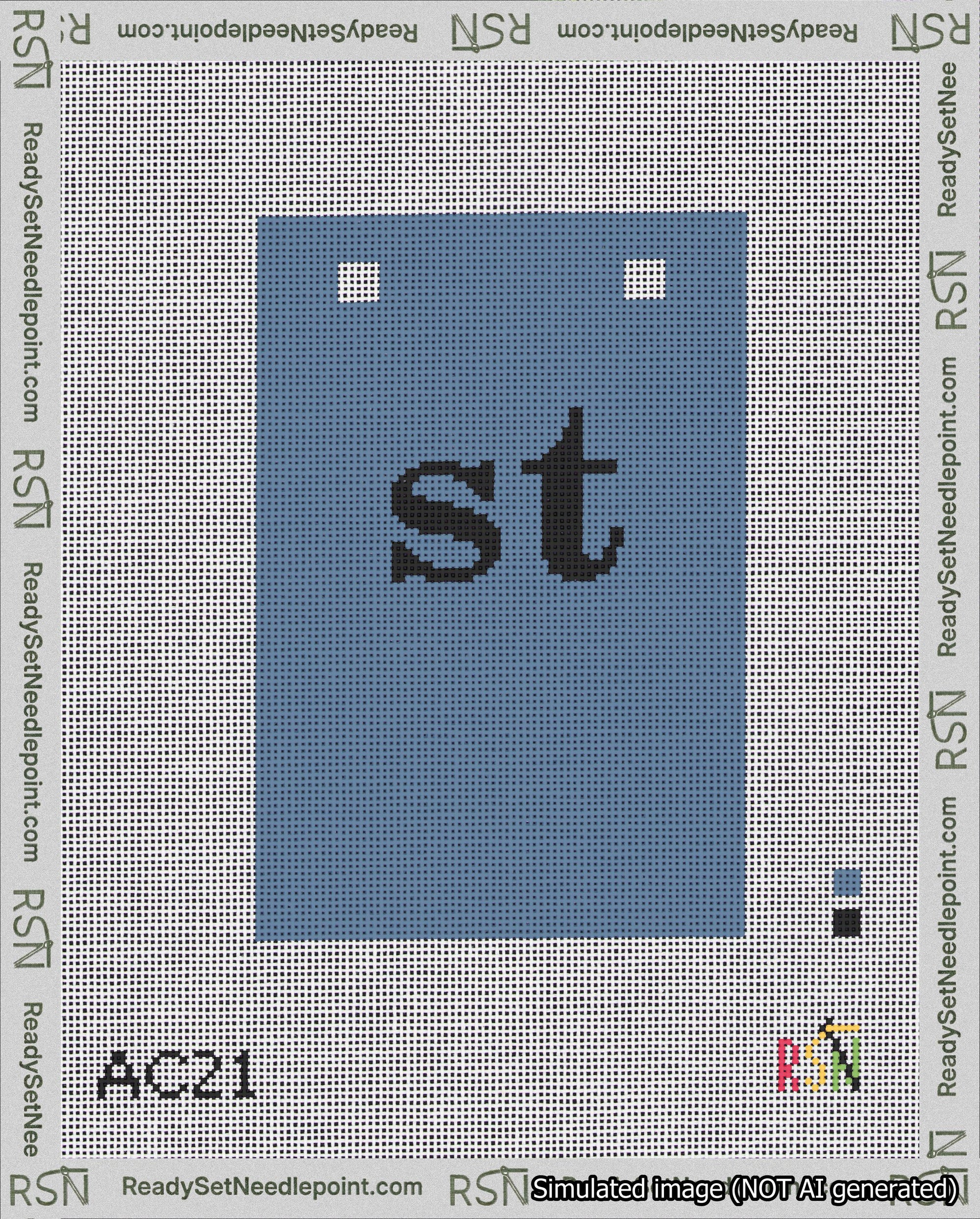 A taped needlepoint canvas with the design: Banner 18 mesh count Squared st Black on Blue.