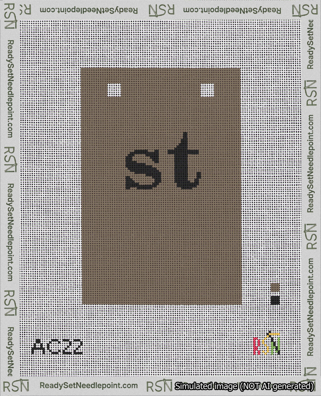 A taped needlepoint canvas with the design: Banner 18 mesh count Squared st Black on Brown.