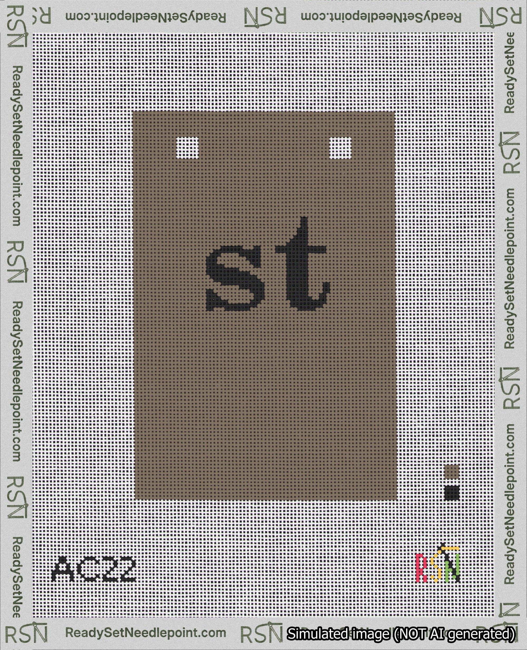 A taped needlepoint canvas with the design: Banner 18 mesh count Squared st Black on Brown.
