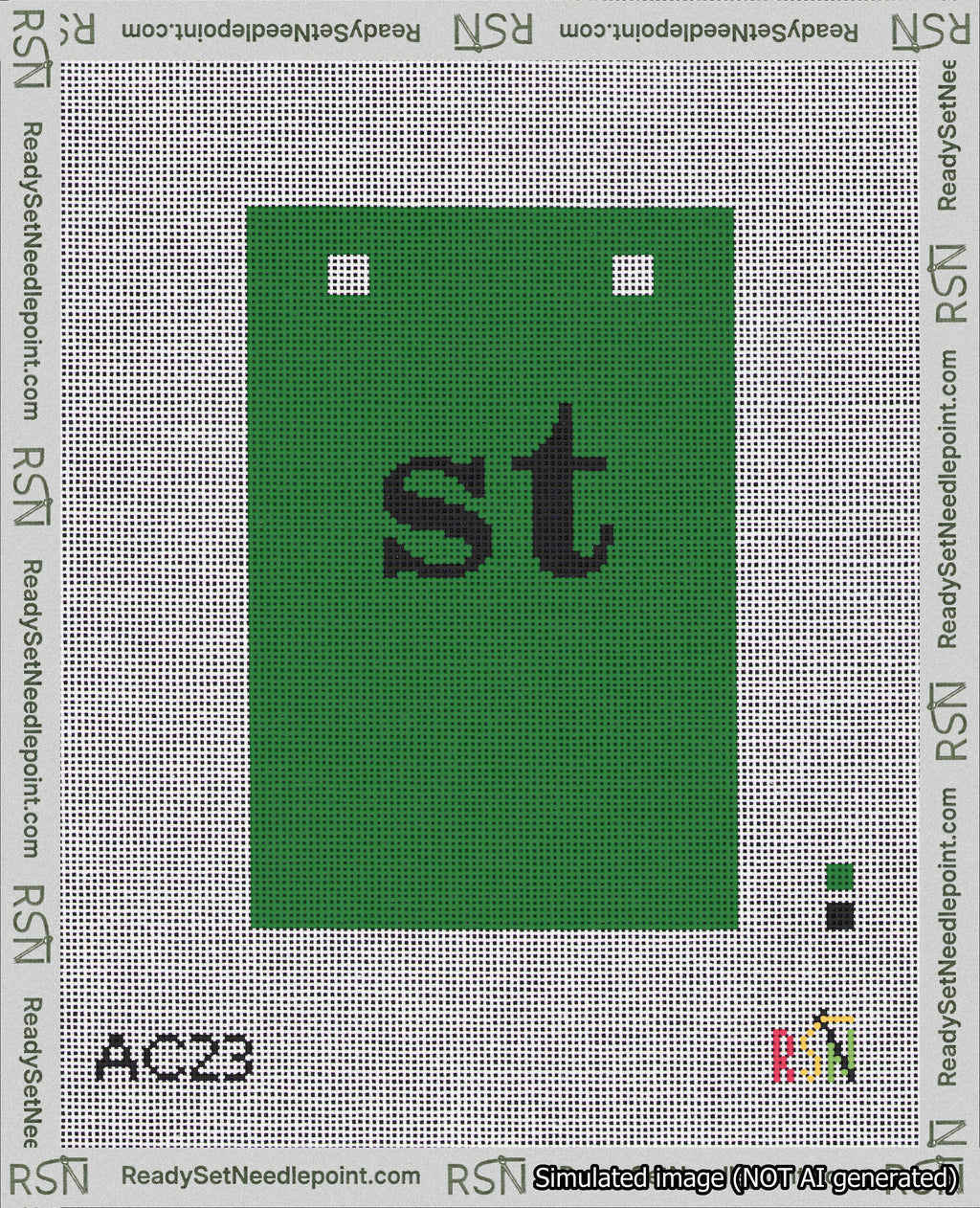 A taped needlepoint canvas with the design: Banner 18 mesh count Squared st Black on Green.