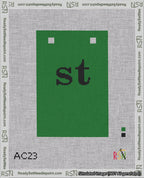 A taped needlepoint canvas with the design: Banner 18 mesh count Squared st Black on Green.