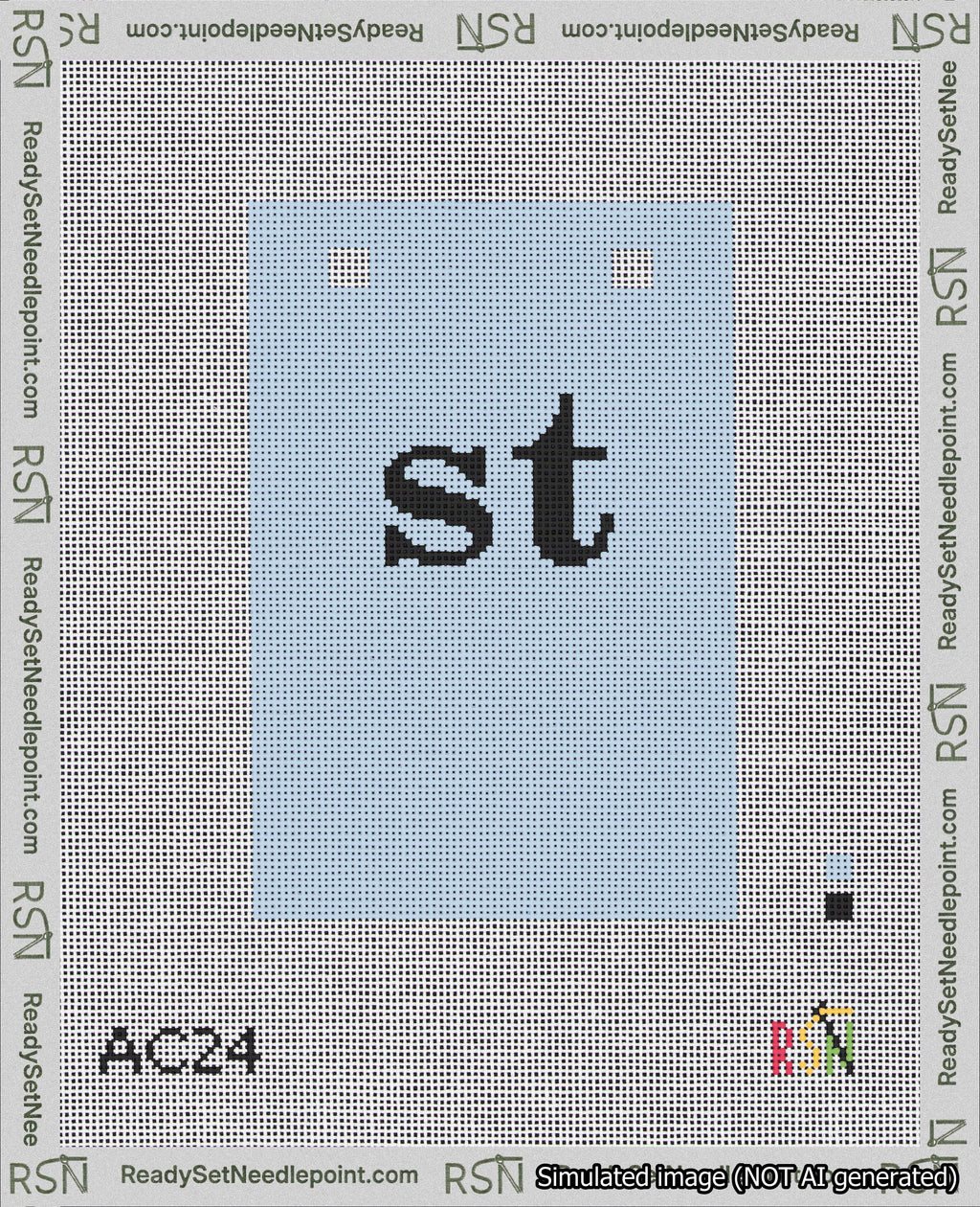 A taped needlepoint canvas with the design: Banner 18 mesh count Squared st Black on Light Blue.