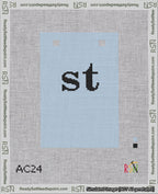 A taped needlepoint canvas with the design: Banner 18 mesh count Squared st Black on Light Blue.