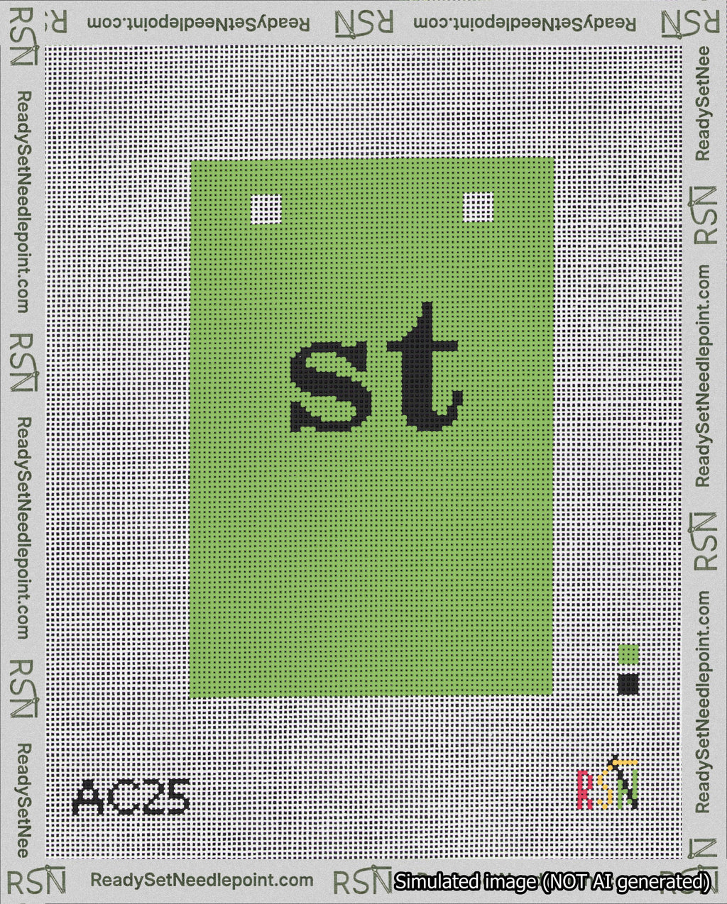 A taped needlepoint canvas with the design: Banner 18 mesh count Squared st Black on Light Green.