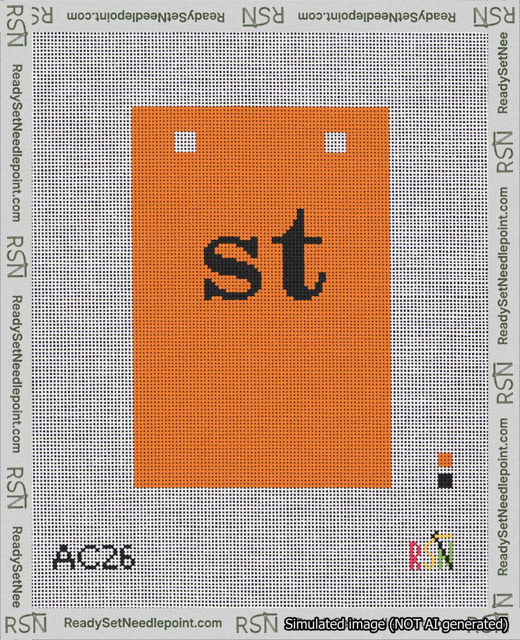 A taped needlepoint canvas with the design: Banner 18 mesh count Squared st Black on Orange.