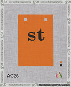A taped needlepoint canvas with the design: Banner 18 mesh count Squared st Black on Orange.