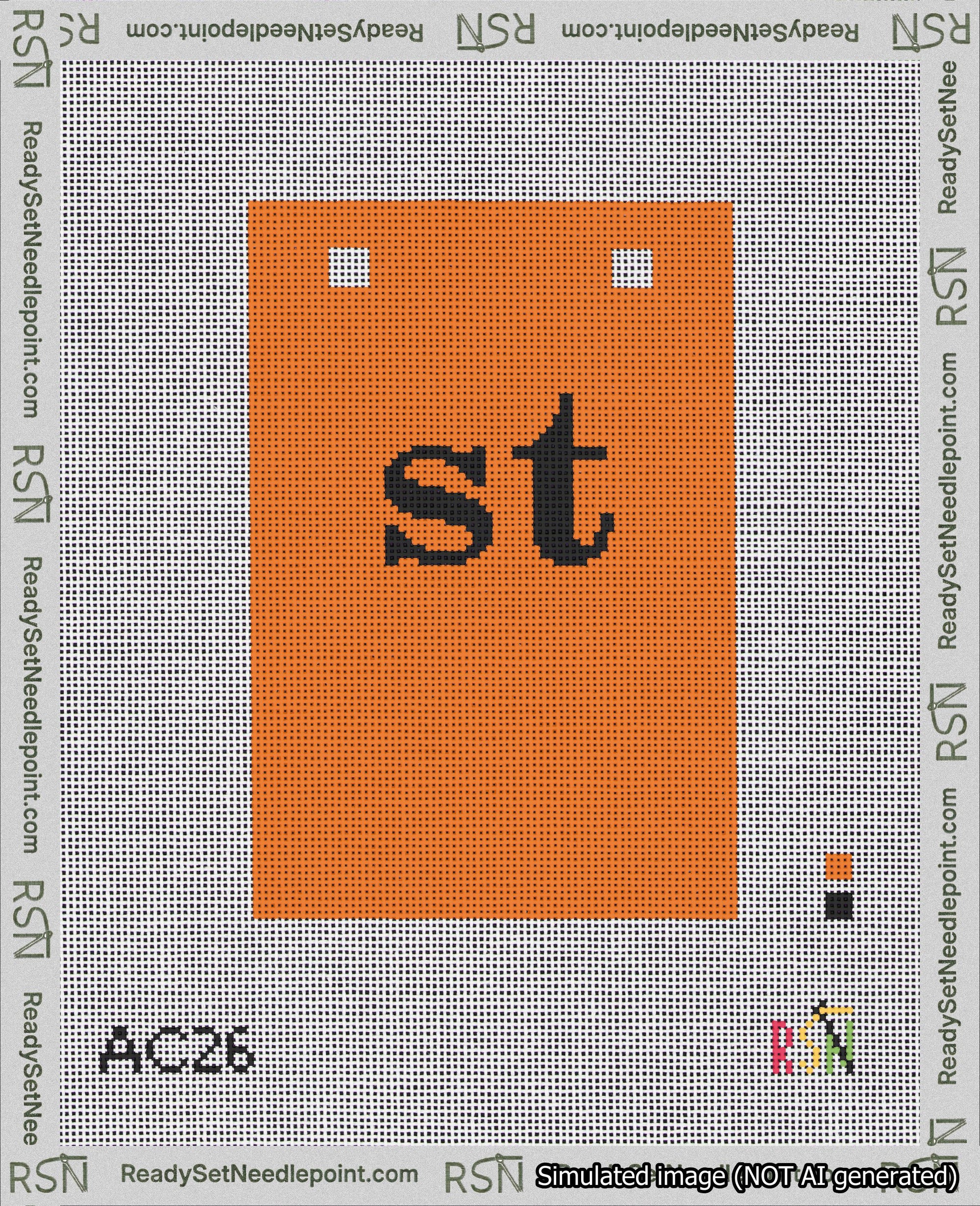 A taped needlepoint canvas with the design: Banner 18 mesh count Squared st Black on Orange.