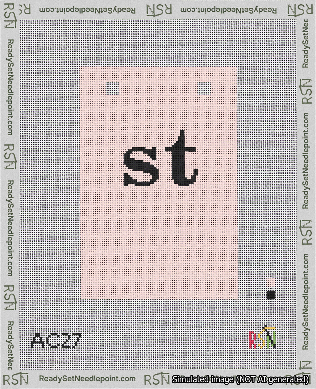 A taped needlepoint canvas with the design: Banner 18 mesh count Squared st Black on Pink.