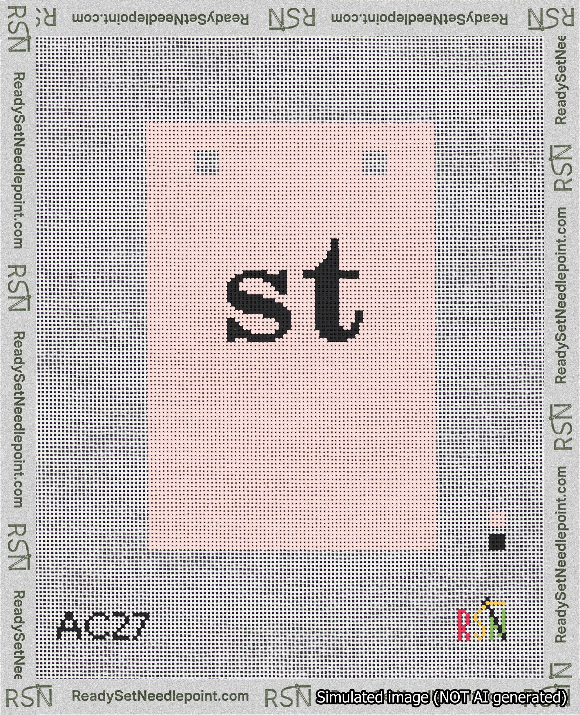 A taped needlepoint canvas with the design: Banner 18 mesh count Squared st Black on Pink.