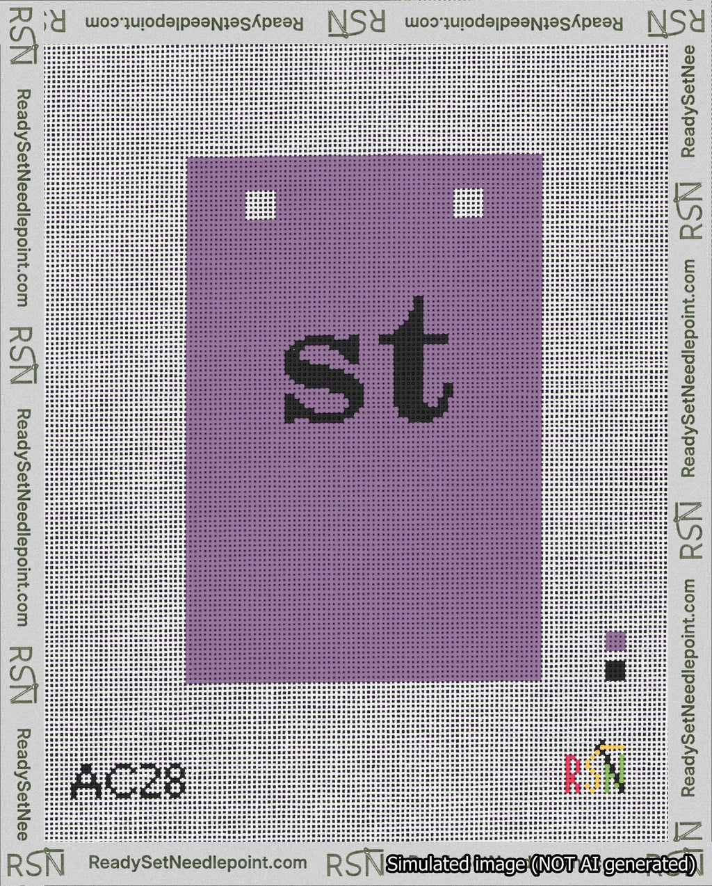 A taped needlepoint canvas with the design: Banner 18 mesh count Squared st Black on Purple.