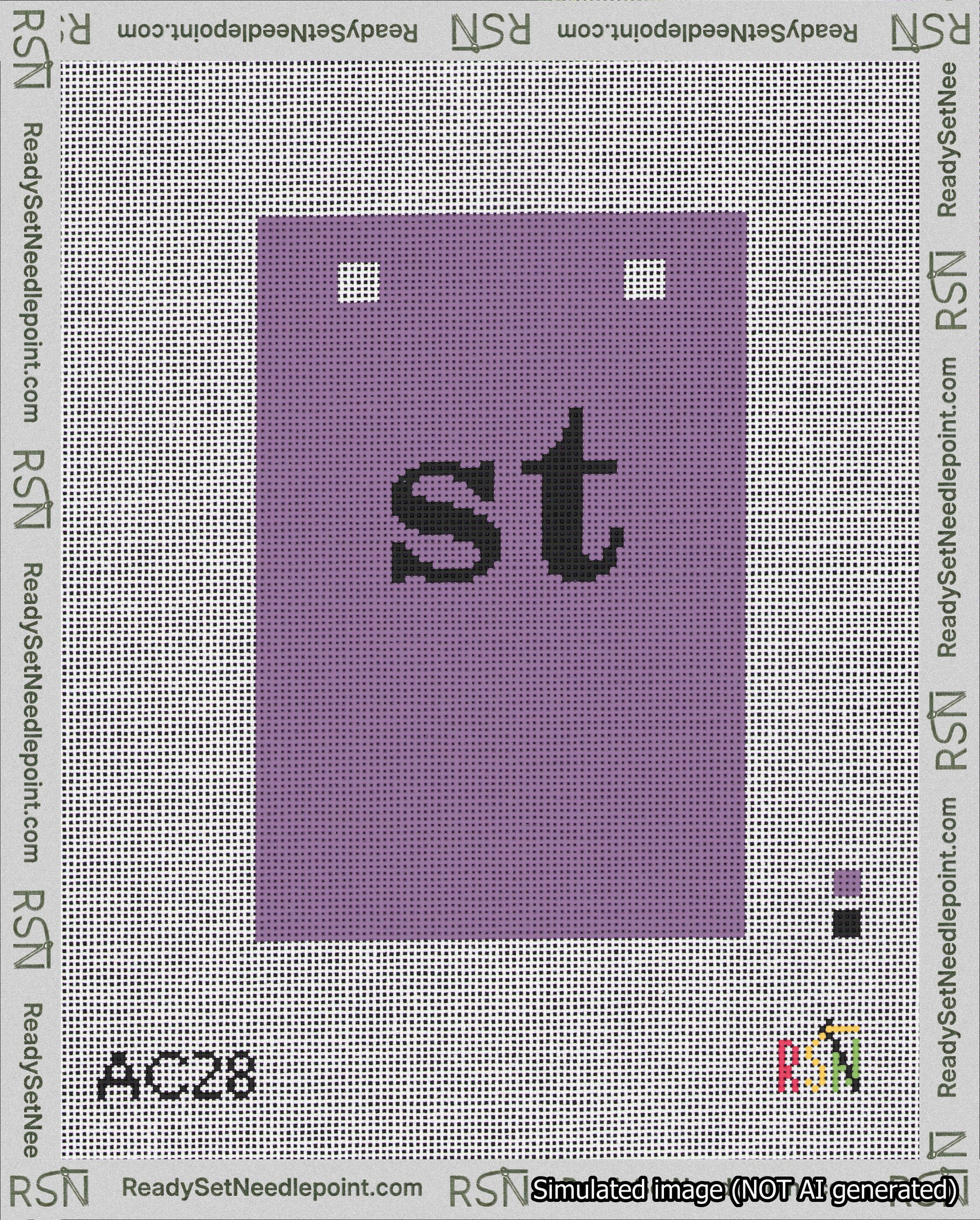 A taped needlepoint canvas with the design: Banner 18 mesh count Squared st Black on Purple.