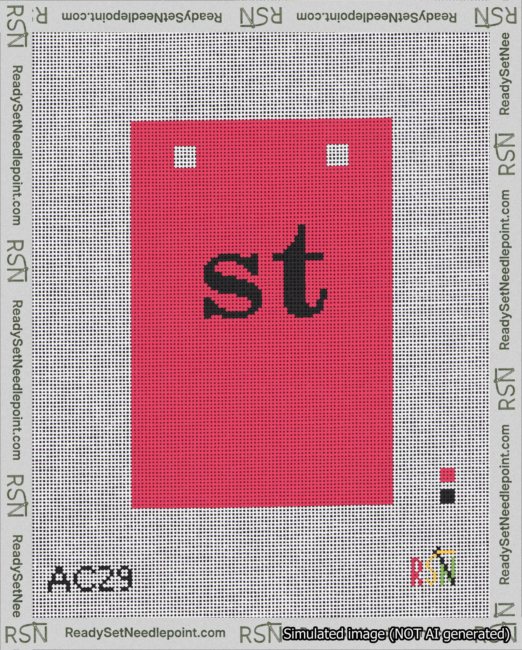 A taped needlepoint canvas with the design: Banner 18 mesh count Squared st Black on Red.