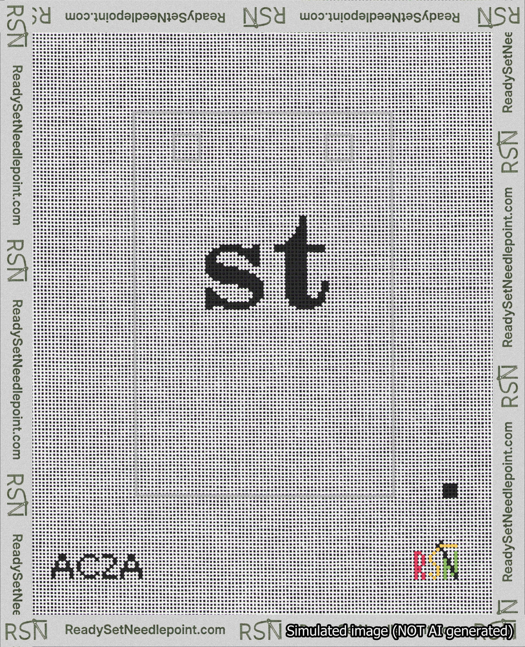 A taped needlepoint canvas with the design: Banner 18 mesh count Squared st Black on White.
