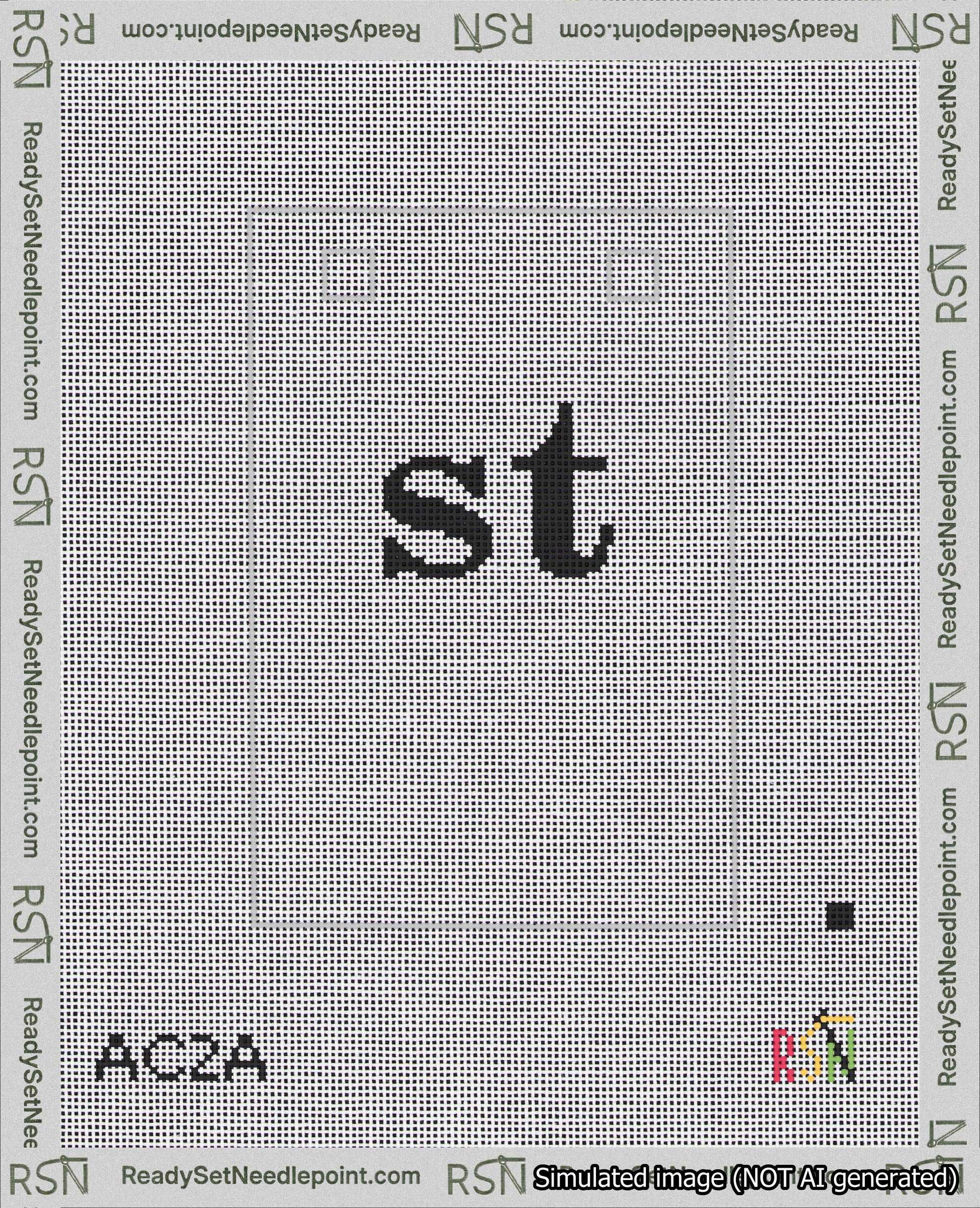 A taped needlepoint canvas with the design: Banner 18 mesh count Squared st Black on White.