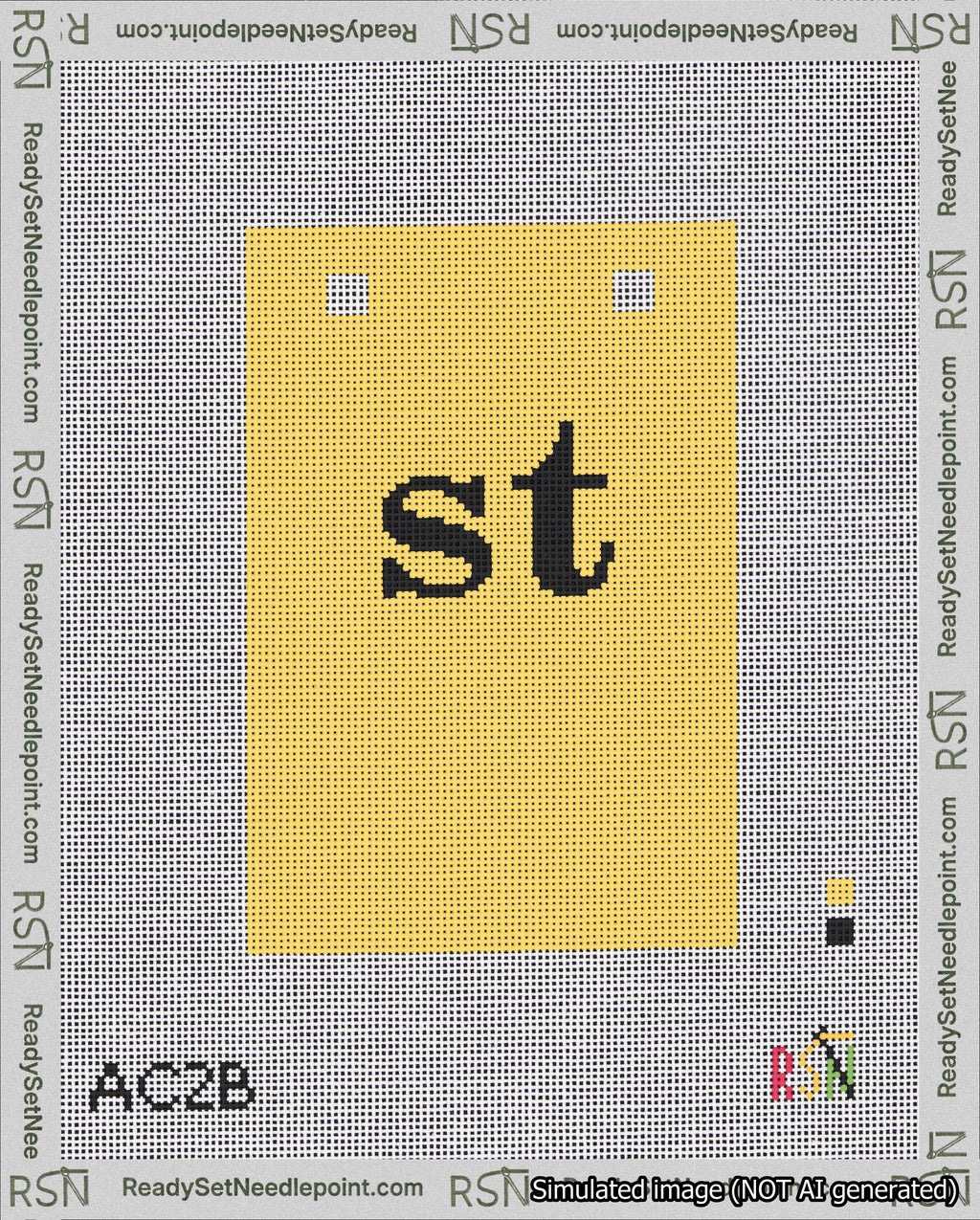A taped needlepoint canvas with the design: Banner 18 mesh count Squared st Black on Yellow.