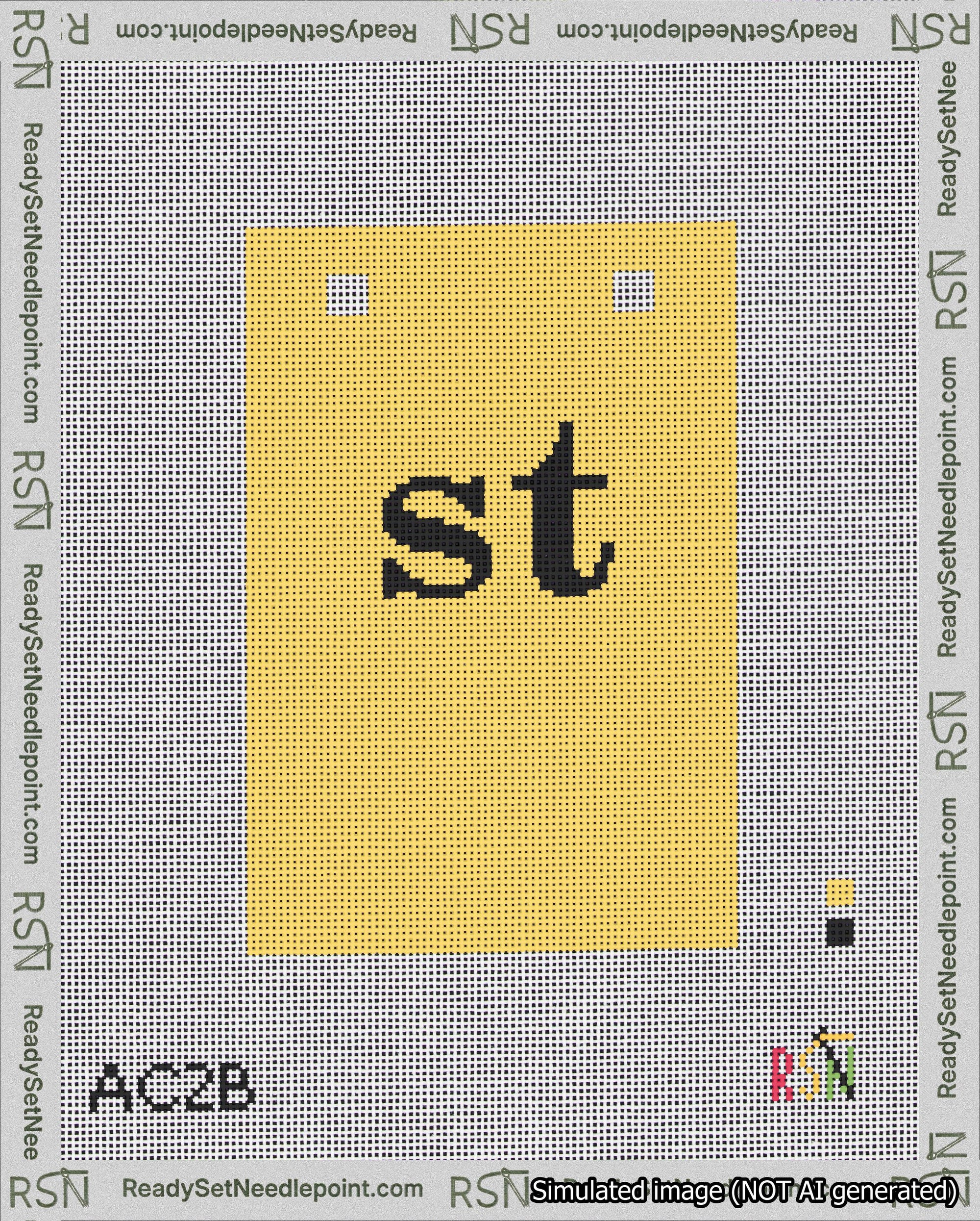A taped needlepoint canvas with the design: Banner 18 mesh count Squared st Black on Yellow.