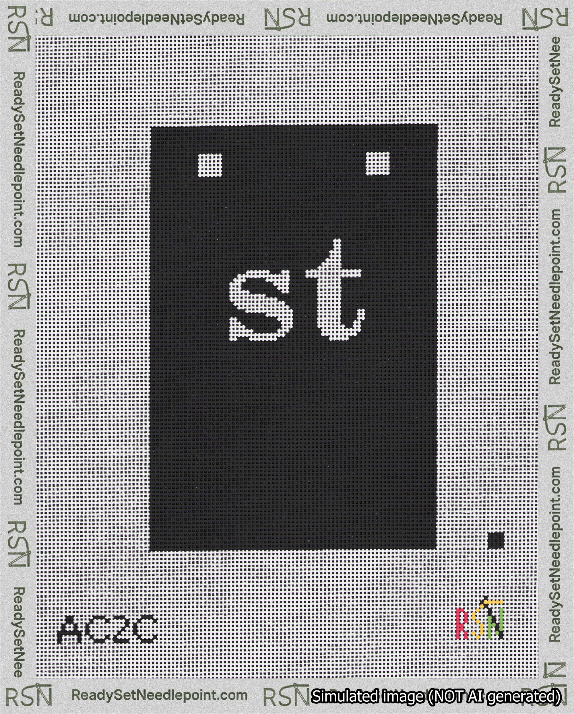 A taped needlepoint canvas with the design: Banner 18 mesh count Squared st White on Black.