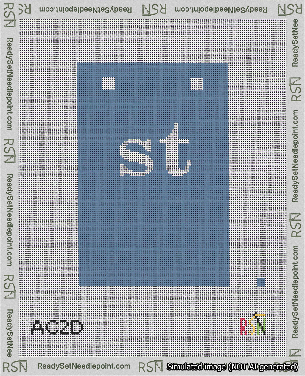 A taped needlepoint canvas with the design: Banner 18 mesh count Squared st White on Blue.