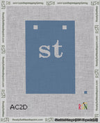 A taped needlepoint canvas with the design: Banner 18 mesh count Squared st White on Blue.
