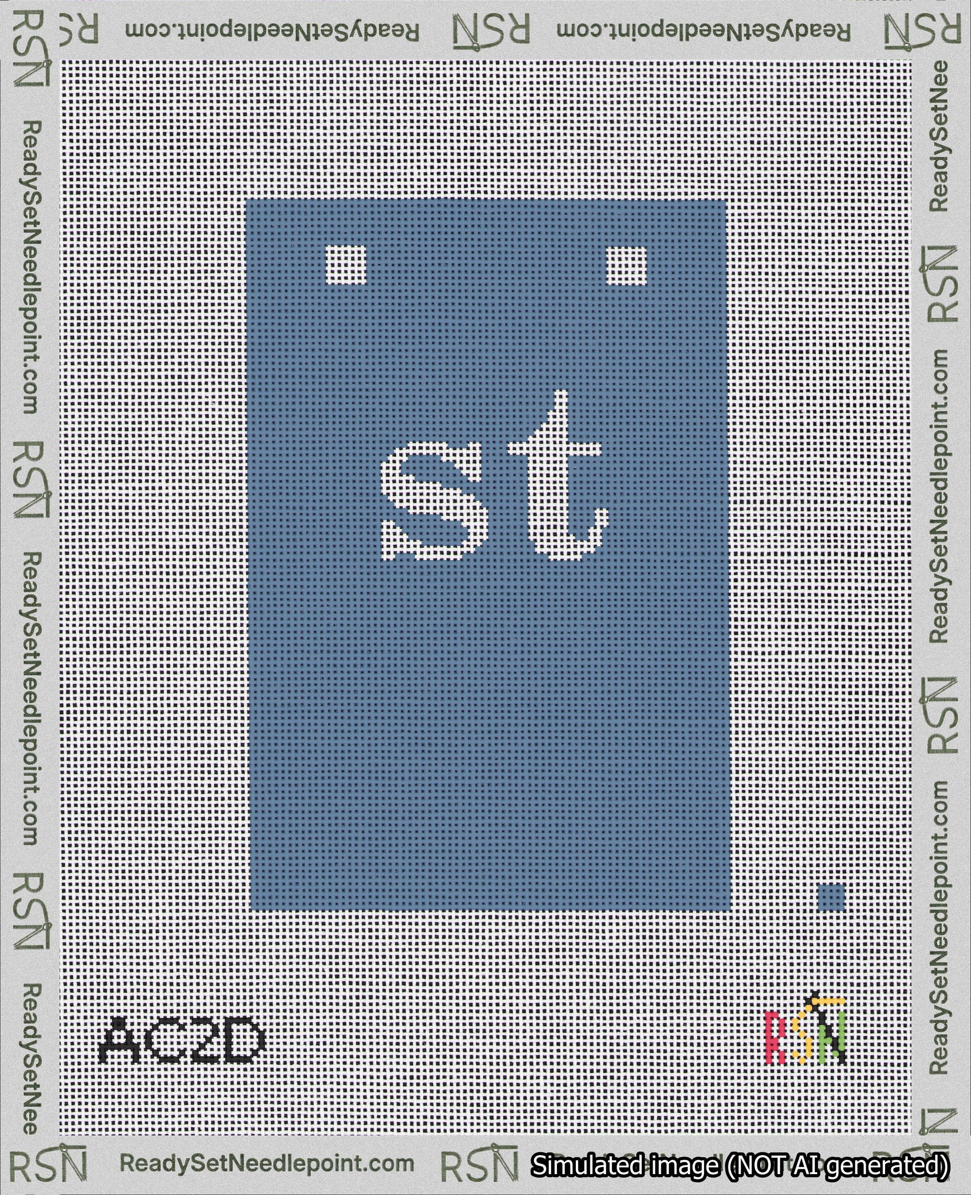 A taped needlepoint canvas with the design: Banner 18 mesh count Squared st White on Blue.