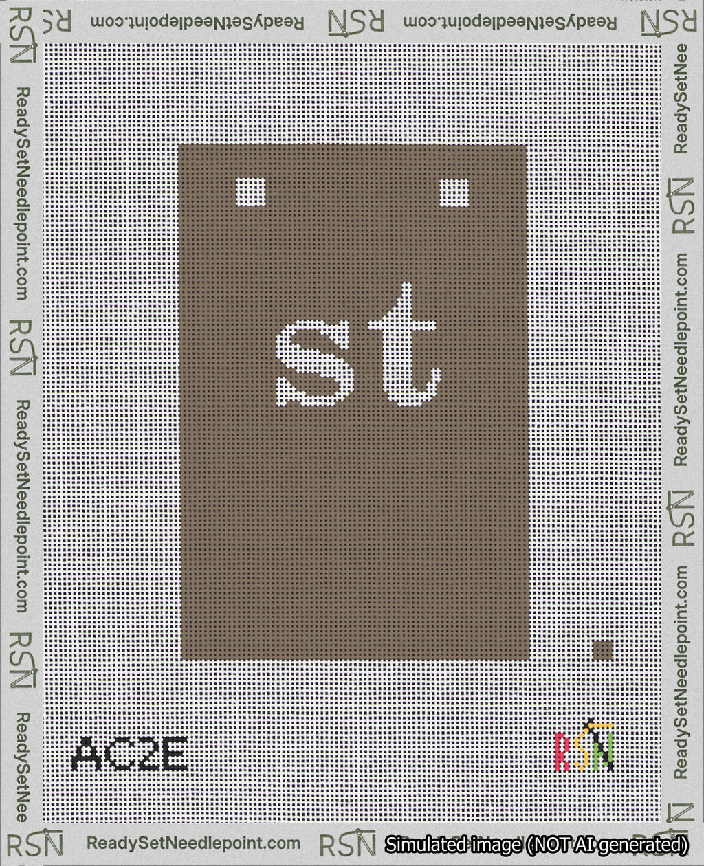 A taped needlepoint canvas with the design: Banner 18 mesh count Squared st White on Brown.