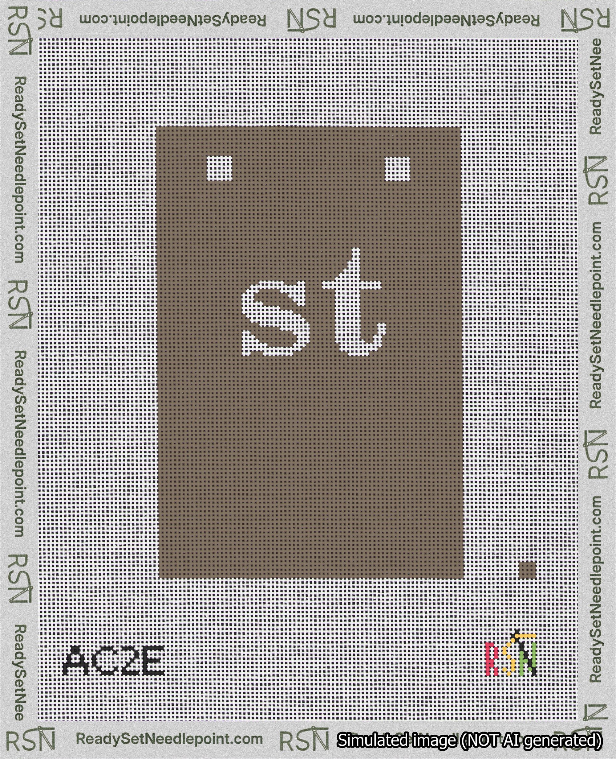 A taped needlepoint canvas with the design: Banner 18 mesh count Squared st White on Brown.