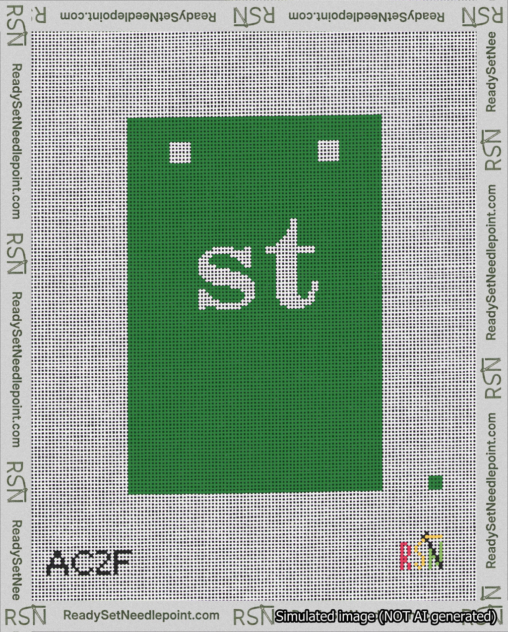 A taped needlepoint canvas with the design: Banner 18 mesh count Squared st White on Green.