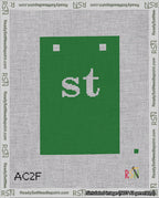 A taped needlepoint canvas with the design: Banner 18 mesh count Squared st White on Green.