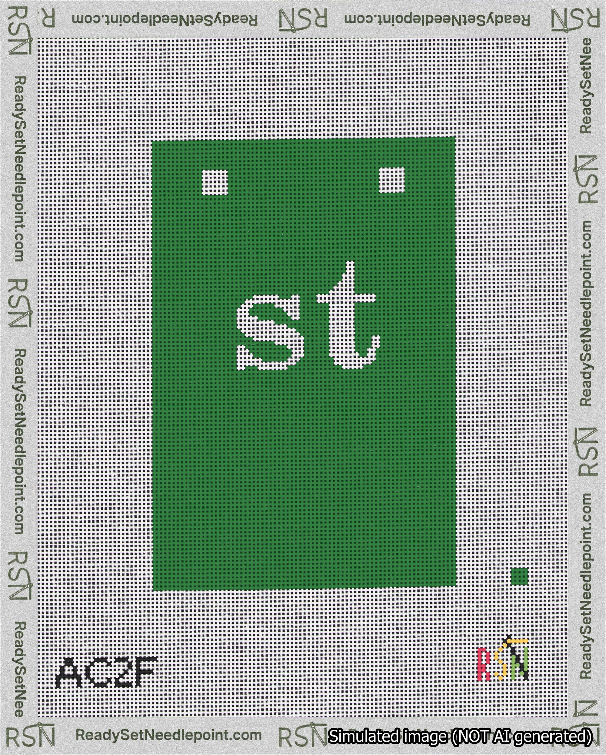 A taped needlepoint canvas with the design: Banner 18 mesh count Squared st White on Green.