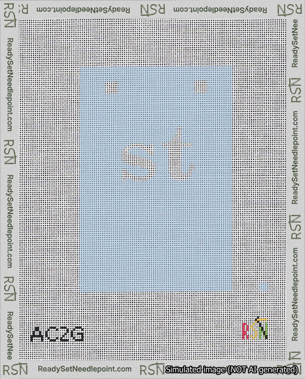 A taped needlepoint canvas with the design: Banner 18 mesh count Squared st White on Light Blue.