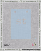 A taped needlepoint canvas with the design: Banner 18 mesh count Squared st White on Light Blue.