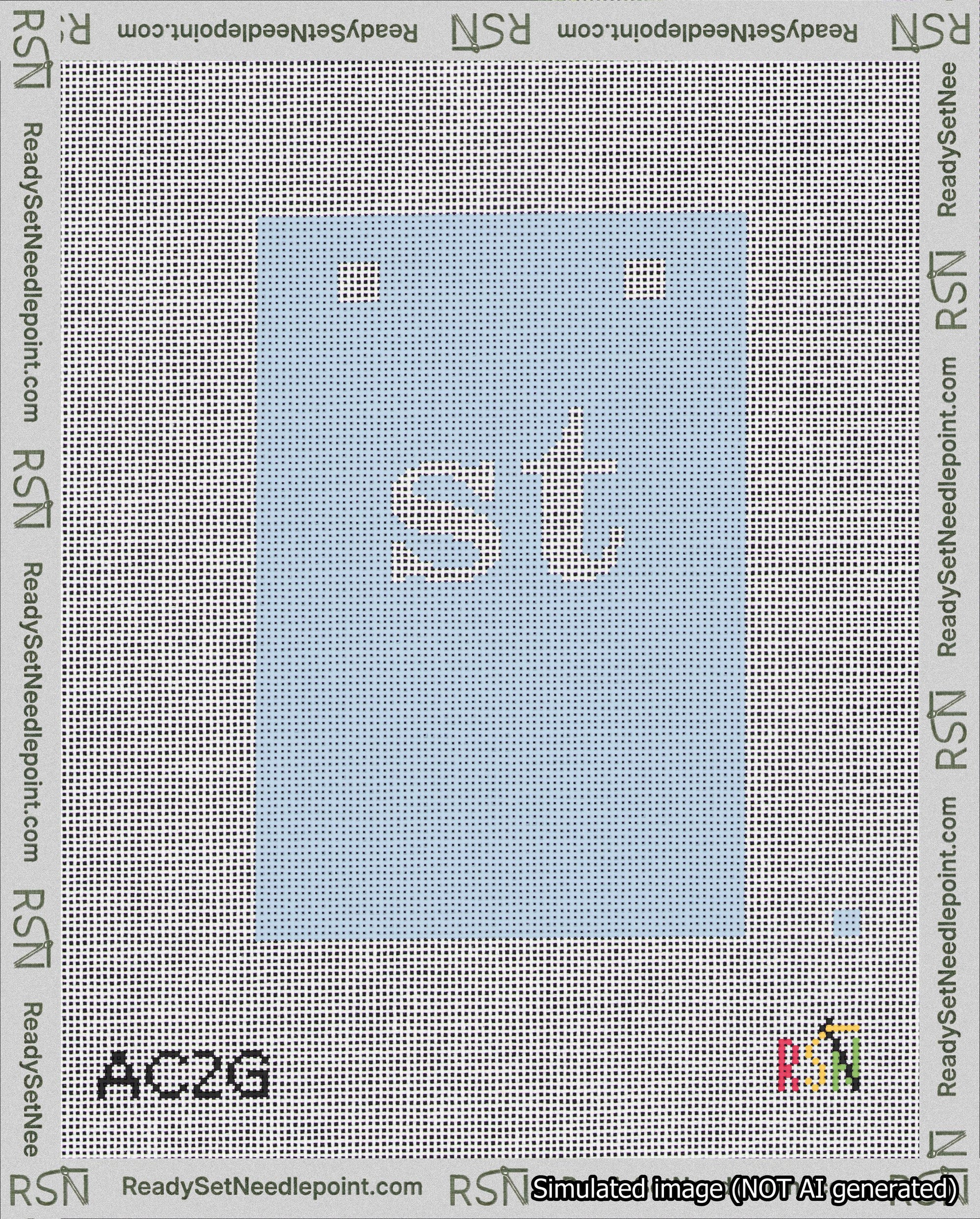 A taped needlepoint canvas with the design: Banner 18 mesh count Squared st White on Light Blue.