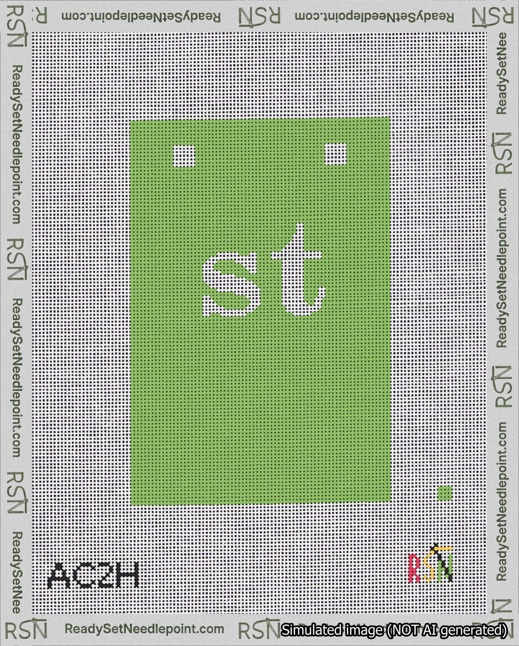 A taped needlepoint canvas with the design: Banner 18 mesh count Squared st White on Light Green.