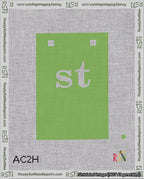 A taped needlepoint canvas with the design: Banner 18 mesh count Squared st White on Light Green.