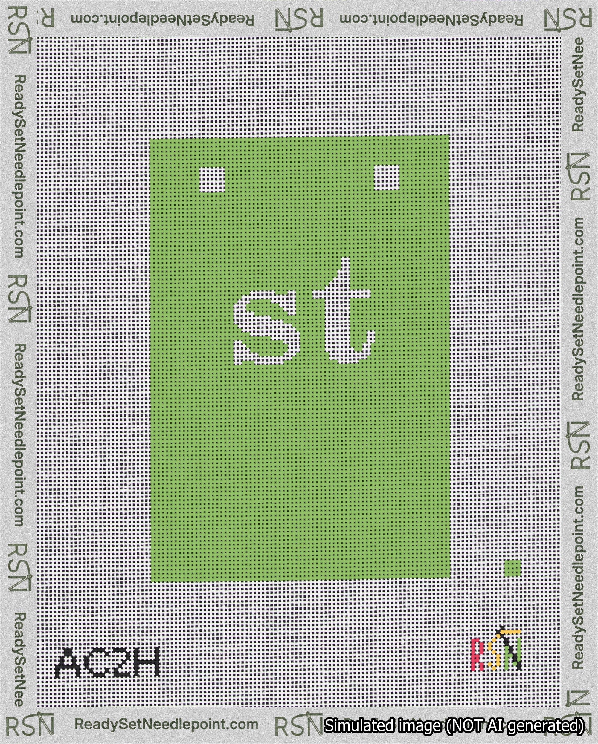 A taped needlepoint canvas with the design: Banner 18 mesh count Squared st White on Light Green.