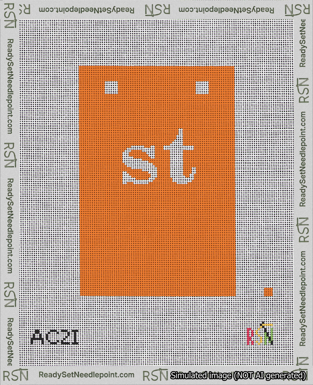 A taped needlepoint canvas with the design: Banner 18 mesh count Squared st White on Orange.