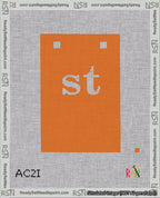A taped needlepoint canvas with the design: Banner 18 mesh count Squared st White on Orange.