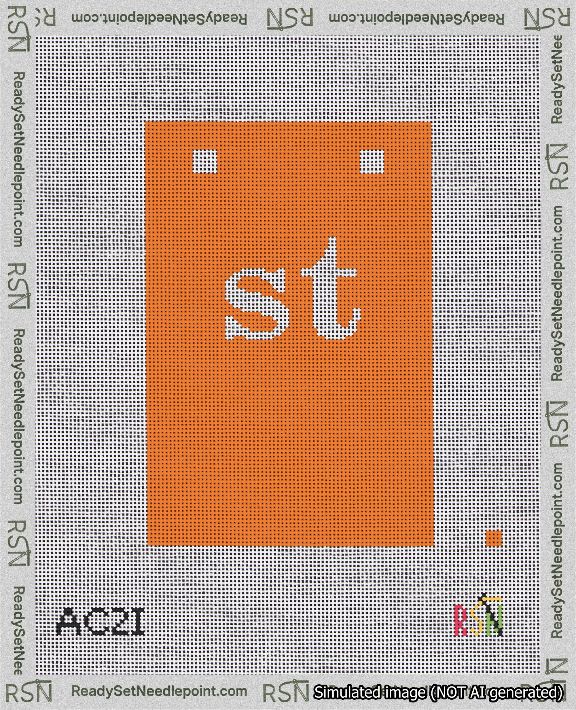 A taped needlepoint canvas with the design: Banner 18 mesh count Squared st White on Orange.